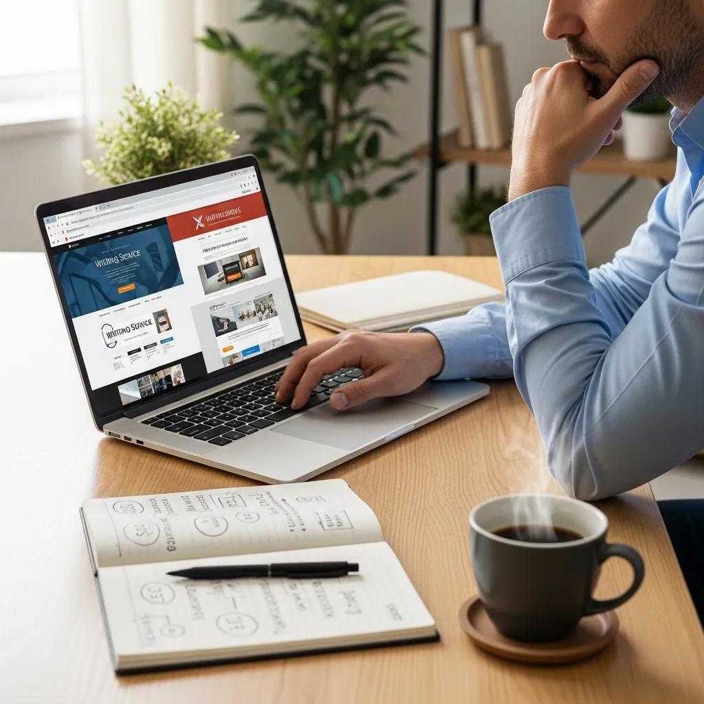 A business professional evaluating writing service options in a calm workspace