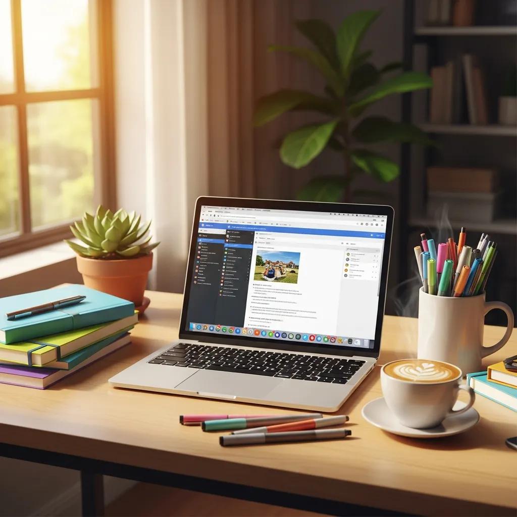 Creative workspace with laptop, notebooks, coffee, and colorful pens, symbolizing personal blogging inspiration and productivity.