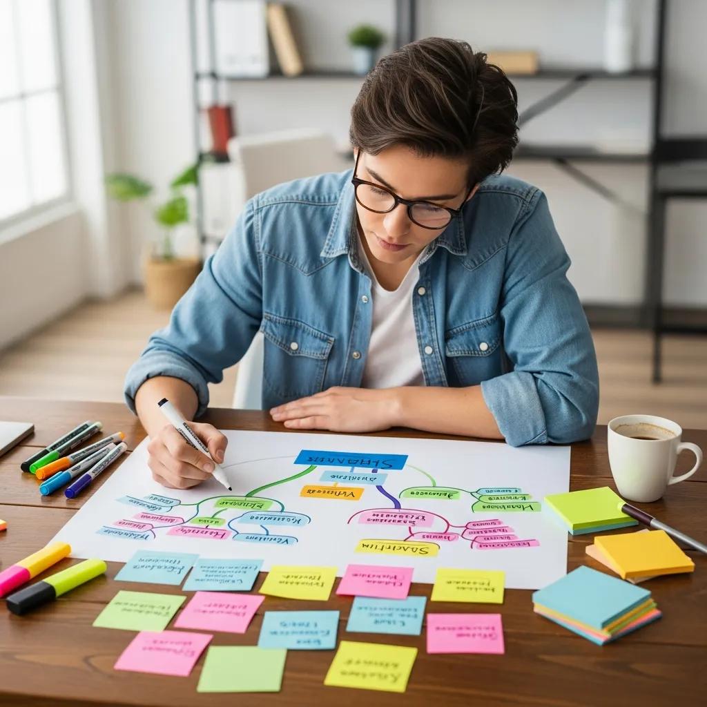 Person brainstorming ideas using mind mapping techniques at a desk, surrounded by colorful sticky notes and markers, illustrating creative content generation for blogging.