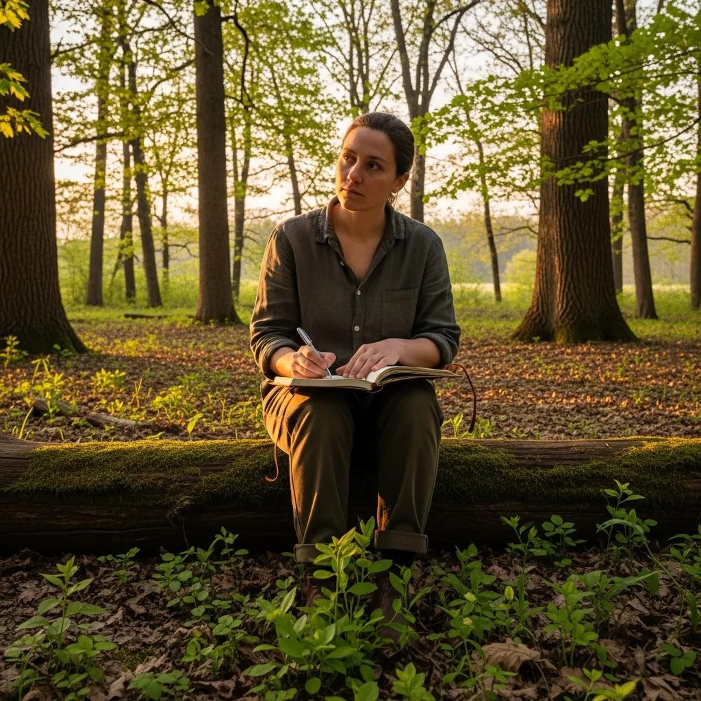 Person journaling in a serene forest setting, symbolizing personal growth and inspiration for unique blogging niches.