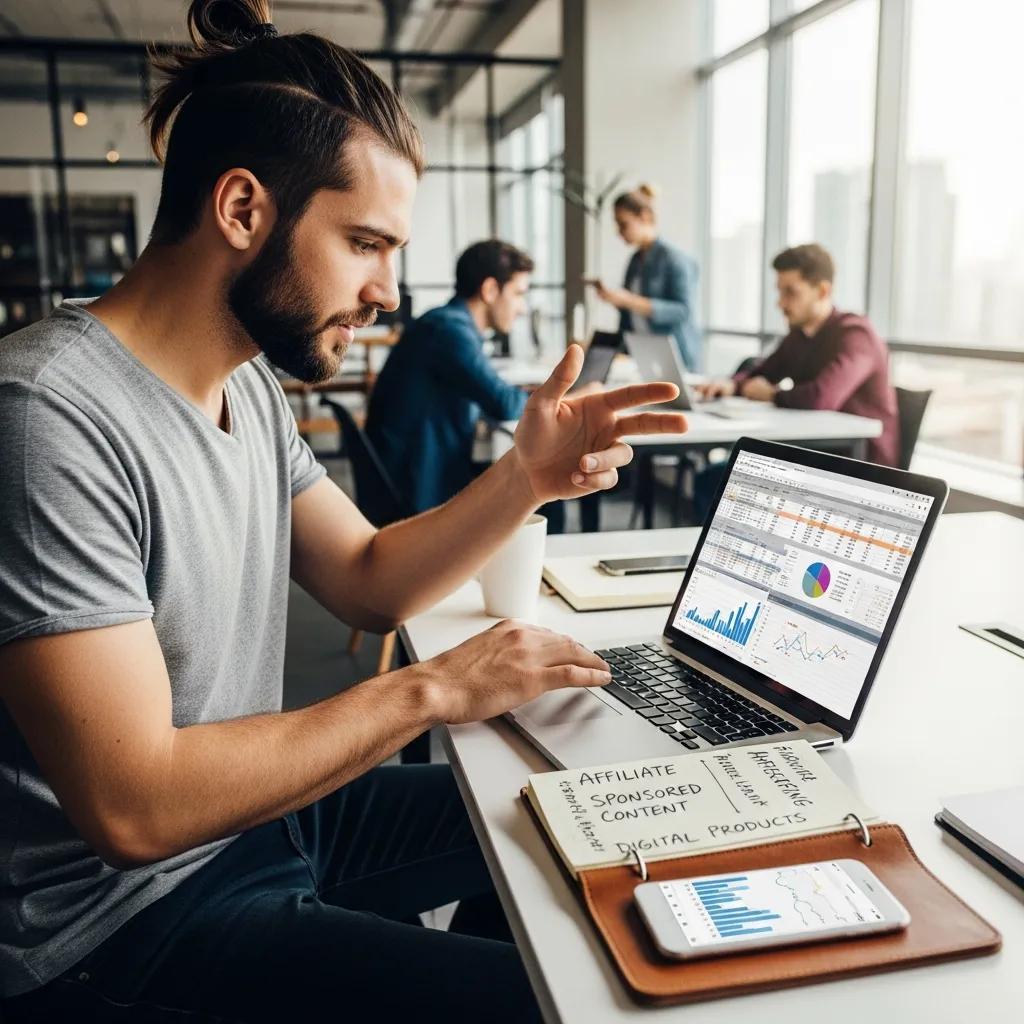 Blogger analyzing monetization strategies on a laptop, showcasing the practical side of niche blogging