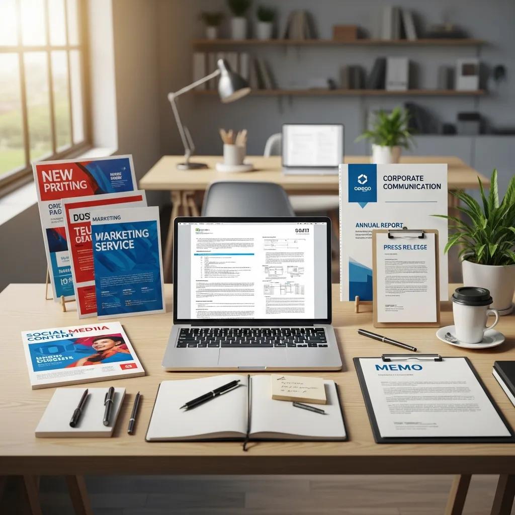 Different types of business writing services displayed on a desk, showcasing professionalism and creativity