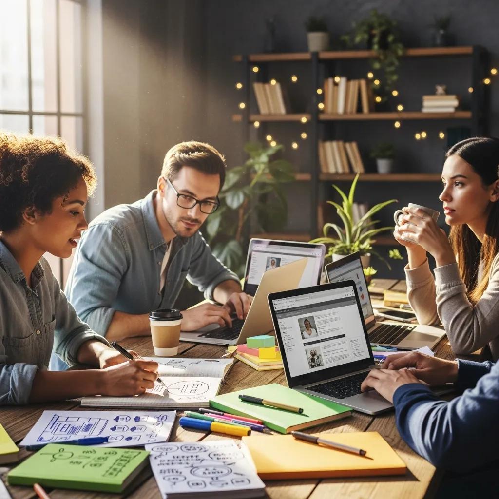 Diverse group of new bloggers brainstorming in a cozy workspace, collaborating with laptops, notebooks, and colorful stationery, emphasizing blog planning strategies.