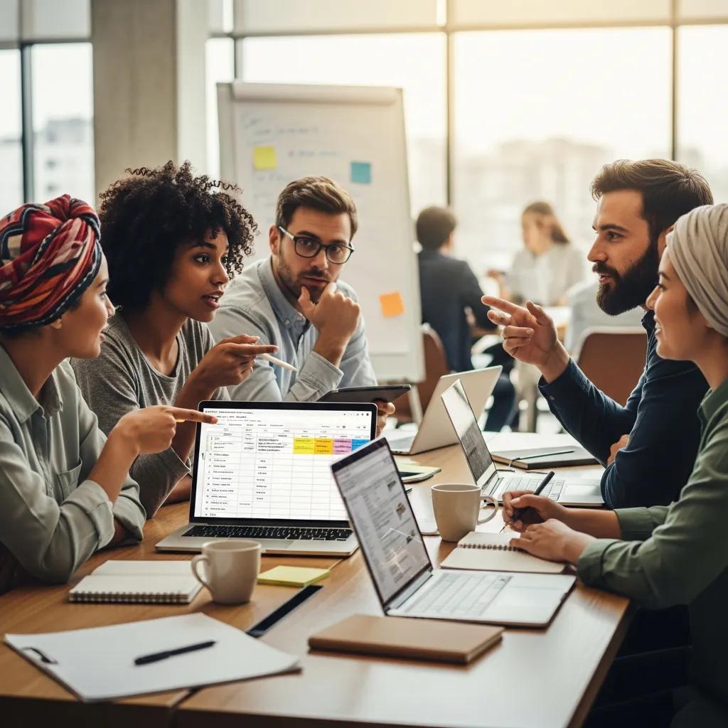 Group of diverse individuals discussing blog monetization strategies in a collaborative workspace with laptops and notebooks.