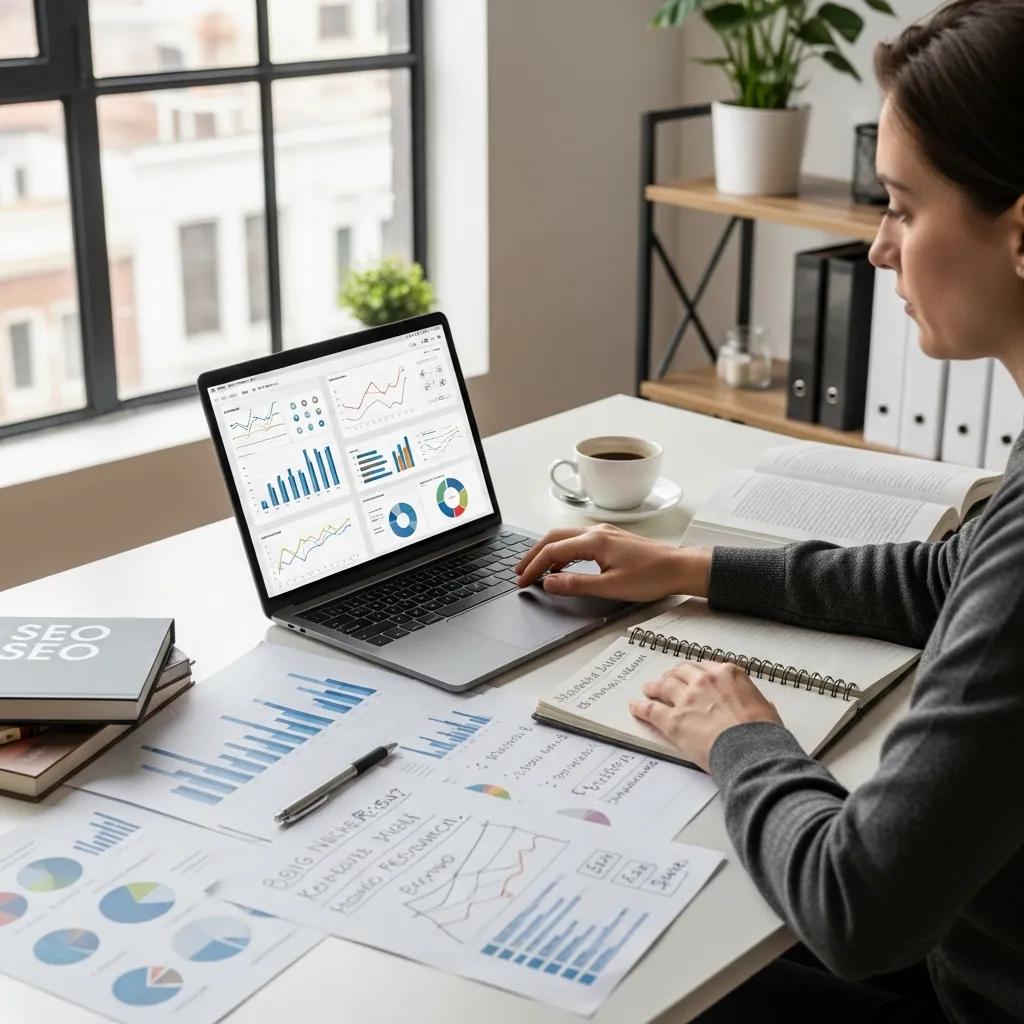 Person analyzing market trends on a laptop in a modern office, surrounded by charts and notes, highlighting blog planning strategies and audience engagement.