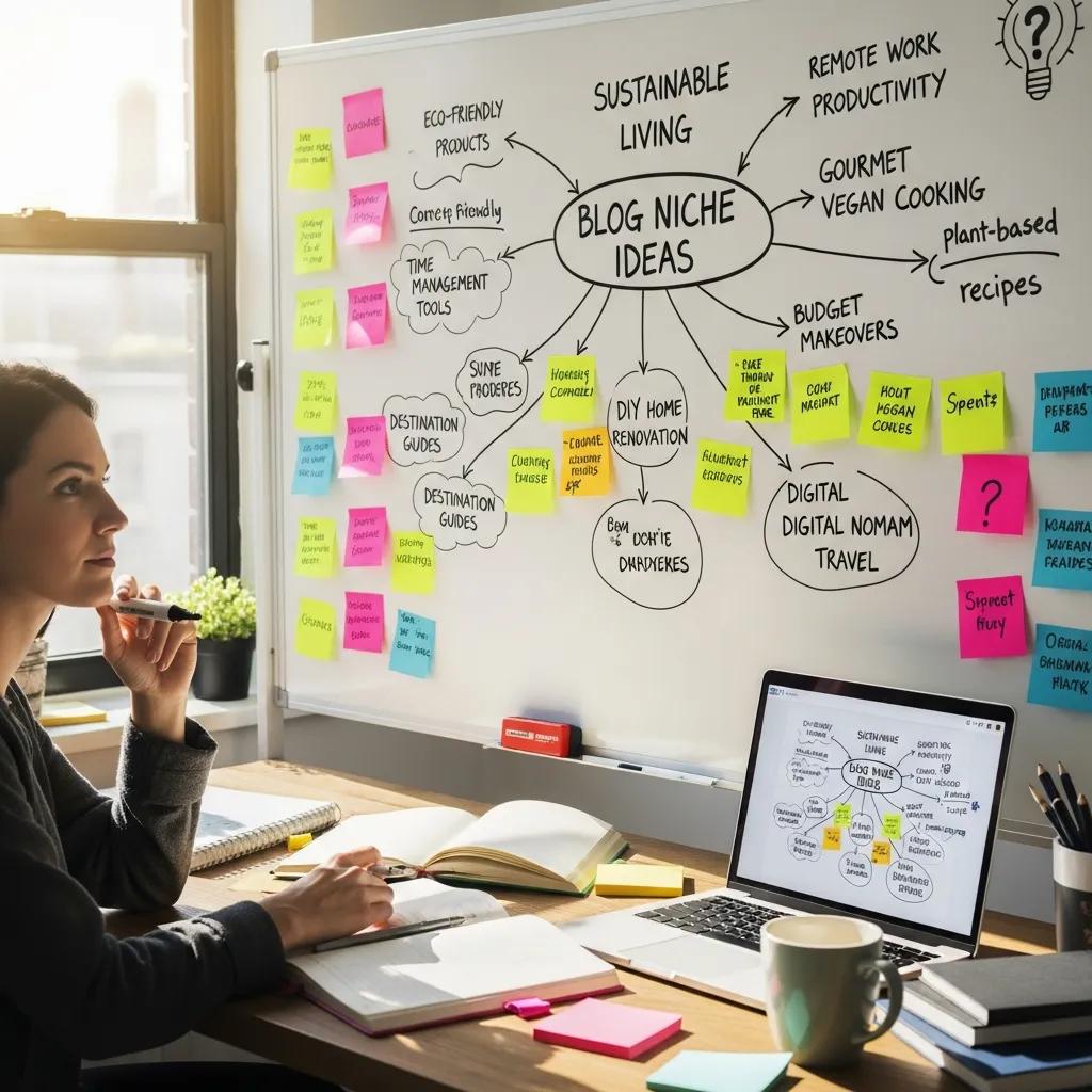 Person brainstorming blog niche ideas with sticky notes and a whiteboard, illustrating the niche selection process
