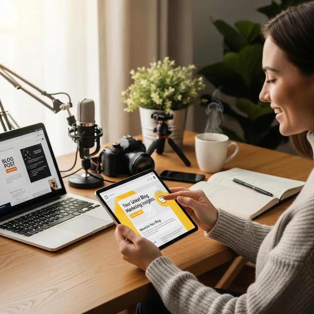 Person using a tablet to explore blog monetization strategies, with a laptop and creative tools in a home office setting.